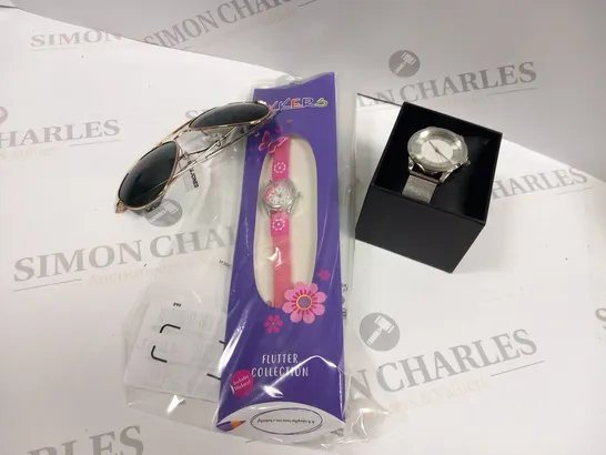 FIVE ITEMS OF ASSORTED JEWELLERY TO INCLUDE; JACK AND JONES SUNGLASSES, TIKKERS WATCH AND PERSONALISED JEWELLERY