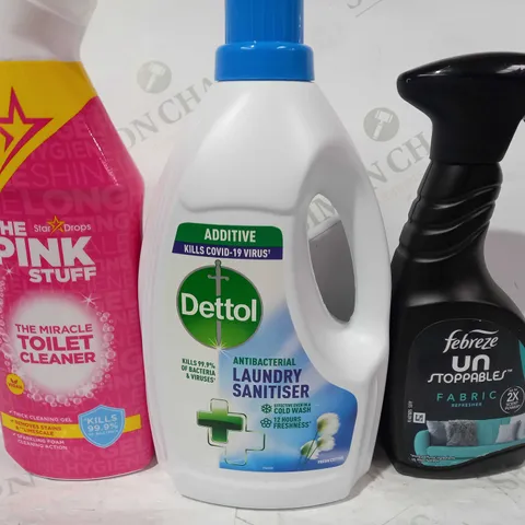 LOT OF APPROXIMATELY 10 ASSORTED HOUSEHOLD ITEMS TO INCLUDE FEBREZE UNSTOPPABLES FABRIC REFRESHER, DETTOL LAUNDRY SANITISER, THE PINK STUFF TOILET CLEANER, ETC