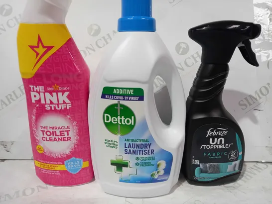 LOT OF APPROXIMATELY 10 ASSORTED HOUSEHOLD ITEMS TO INCLUDE FEBREZE UNSTOPPABLES FABRIC REFRESHER, DETTOL LAUNDRY SANITISER, THE PINK STUFF TOILET CLEANER, ETC