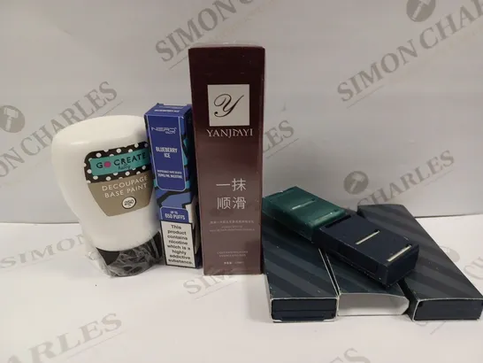 APPROXIMATELY 20 ASSORTED PRODUCTS TO INCLUDE YANJIAYI LIGHT HAIR FRAGRANCE ESSENCE EMULSION, NERD BAR BLUEBERRY ICE DISPOSABLE VAPE DEVICE, HARRY'S BLADES, GO CREATE DECOUPAGE BASE PAINT ETC.