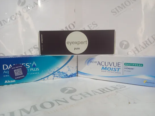 APPROXIMATELY 20 ASSORTED HOUSEHOLD ITEMS TO INCLUDE EYEXPERT PURE CONTACT LENSES, ACUVUE MOIST CONTACT LENSES, ETC