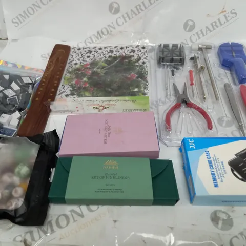  BOX OF ASSORTED HOUSEHOLD ITEMS TOO INCLUDE TOOLS , ALARMS AND CARD CASES 