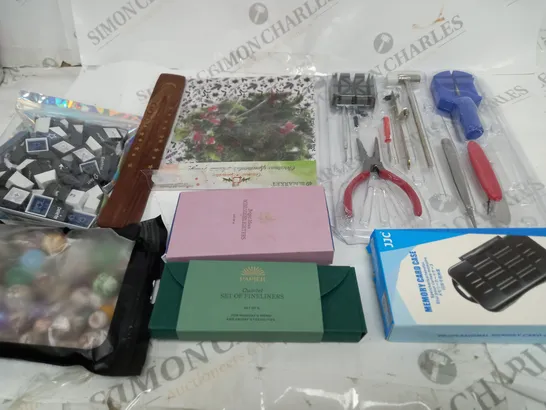  BOX OF ASSORTED HOUSEHOLD ITEMS TOO INCLUDE TOOLS , ALARMS AND CARD CASES 