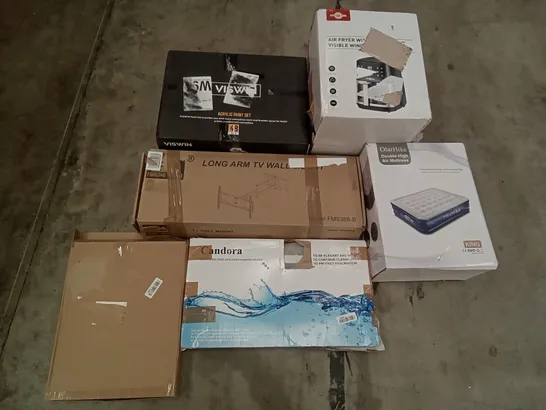 PALLET OF ASSORTED ITEMS INCLUDING FORGING MOUNT LONG ARM TV WALL MOUNT, OLARHIKE DOUBLE HIGH AIR MATTRESS, CANDORA BATHROOM ACCESSORIES, ACRYLIC PAINT SET, AIR FRYER 