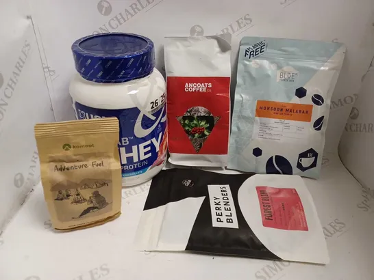 BOX OF APPROX 5 ITEMS TO INCLUDE ANCOATS COFFEE BEANS, PERKY BLENDERS COFFEE BEANS, USN BLUE LAB WHEY PROTEIN