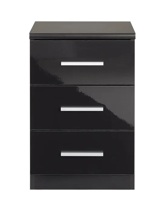 BOXED PAIR OF PRAGUE BLACK GLOSS BEDSIDE CABINETS (1 BOX) RRP £189.99