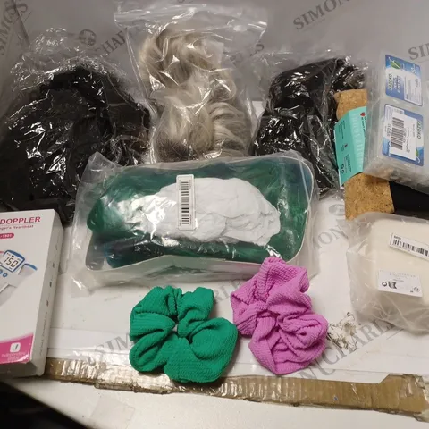 BOX OF ASSORTED COSMETIC ITEMS TOO INCLUDE WIGS AND TRAVEL BAGS  