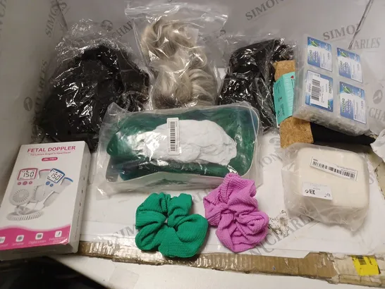 BOX OF ASSORTED COSMETIC ITEMS TOO INCLUDE WIGS AND TRAVEL BAGS  