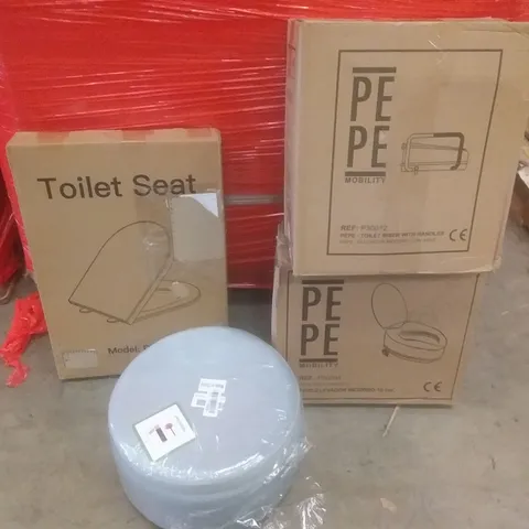 PALLET OF ASSORTED ITEMS INCLUDING TOILET SEAT, TOILET RAISER, FOOT STOOL