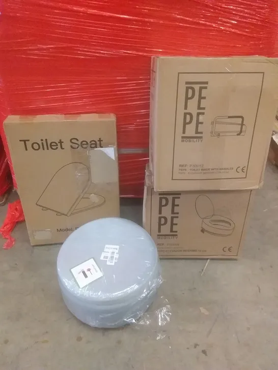 PALLET OF ASSORTED ITEMS INCLUDING TOILET SEAT, TOILET RAISER, FOOT STOOL