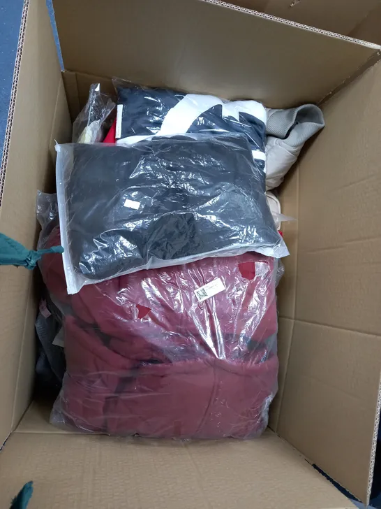 BOX OF ASSORTED CLOTHING ITEMS TOO INCLUDE JUMPERS, SHIRTS AND TROUSERS IN VARIOUS SIZES AND COLOURS   