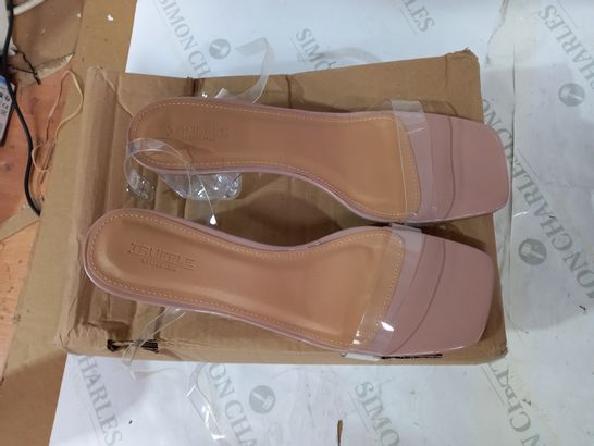 BOXED PAIR OF PRETTYLITTLETHING NUDE FLAT HEEL CLEAR STRAP SANDALS - UK 41
