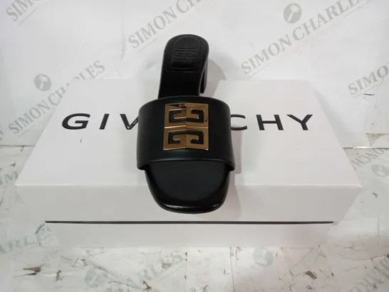 BOXED PAIR OF GIVENCHY 4G HEEL MULE SANDALS IN BLACK WITH GOLD EFFECT DETAIL EU SIZE 38