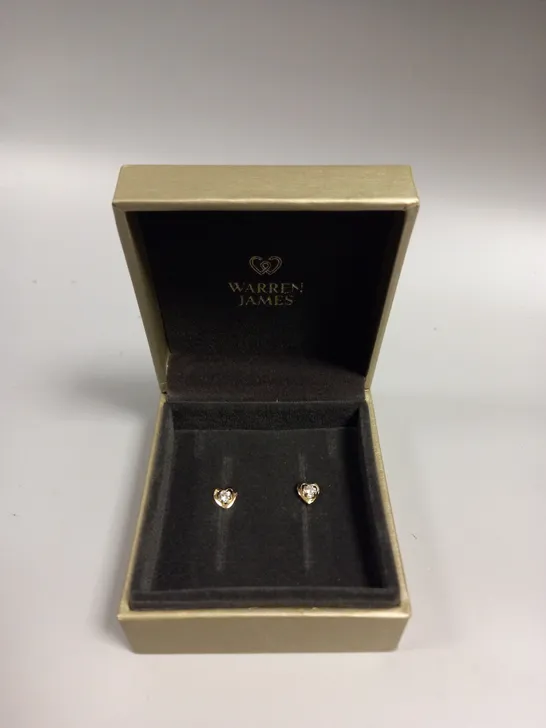 BOXED WARREN JAMES GOLD STONE SET HEART STUD EARRINGS