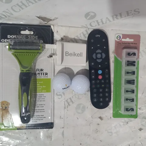 LOT OF APPROXIMATELY 15 ASSORTED HOUSEHOLD ITEMS TO INCLUDE 7-DAY POCKET SIZE PILL BOX, SKY REMOTE, BEIKELL POWER ADAPTER, ETC