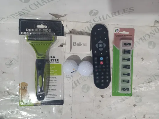 LOT OF APPROXIMATELY 15 ASSORTED HOUSEHOLD ITEMS TO INCLUDE 7-DAY POCKET SIZE PILL BOX, SKY REMOTE, BEIKELL POWER ADAPTER, ETC