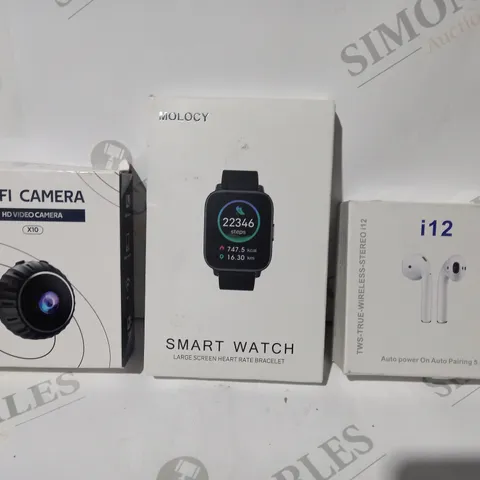 BOX OF APPROXIMATELY 10 ASSORTED HOUSEHOLD ITEMS TO INCLUDE WIFI CAMERA, TRUE WIRELESS EARPHONES, MOLOCY SMART WATCH, ETC