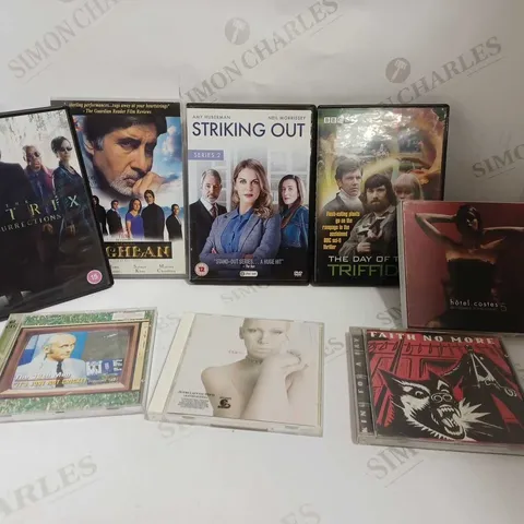 BOX OF APPROX 30 ASSORTED CDS AND DVDS TO INCLUDE ANNIE LENNOX, STRIKING OUT AND FAITH NO MORE