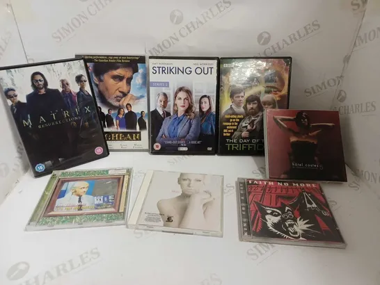 BOX OF APPROX 30 ASSORTED CDS AND DVDS TO INCLUDE ANNIE LENNOX, STRIKING OUT AND FAITH NO MORE