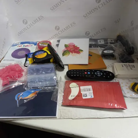 LOT OF ASSORTED HOUSEHOLD GOODS TO INCLUDE SKY TV REMOTE, MARKSMAN TAPE, AND CARDS ETC.