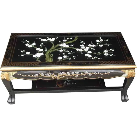 BOXED HAND PAINTED CHERRY BLOSSOM COFFEE TABLE WITH SHELF AND GLASS TOP (1 BOX)