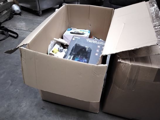 BOX OF ASSORTED ELECTRONIC ITEMS TO INCLUDE HP ENVY 6020 PRINTER, AUTO DRIVE HIGH PRESSURE WASHER, ONN CD MICRO SYSTEM, GOOGLE CHROME CAST, MIXX WIRELESS HEADPHONES,  ETC