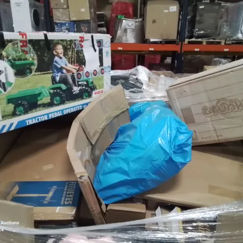 PALLET CONTAINING VARIOUS ASSORTED ITEMS TO INCLUDE: PEDAL TRACTOR, TRUNKI, TV STAND WITH MOUNT ETC.