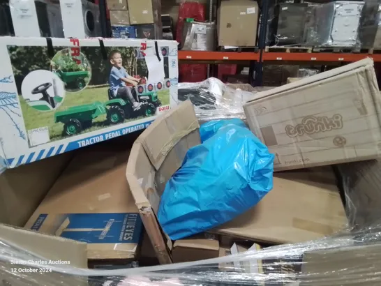 PALLET CONTAINING VARIOUS ASSORTED ITEMS TO INCLUDE: PEDAL TRACTOR, TRUNKI, TV STAND WITH MOUNT ETC.