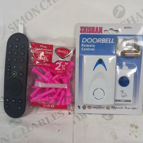 LOT OF APPROXIMATELY 10 ASSORTED HOUSEHOLD ITEMS TO INCLUDE REMOTE CONTROL DOORBELL, PINK GRADUATED PLASTIC TEES, REMOTE, ETC