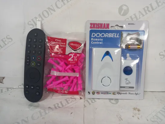 LOT OF APPROXIMATELY 10 ASSORTED HOUSEHOLD ITEMS TO INCLUDE REMOTE CONTROL DOORBELL, PINK GRADUATED PLASTIC TEES, REMOTE, ETC