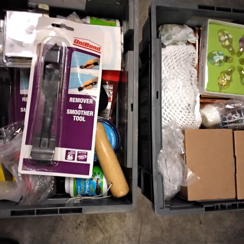 4 TOTES OF ASSORTED HOUSEHOLD ITEMS TO INCLUDE A READY MIXED FILLER, A LED AUTO NIGHT LIGHT, ROOTING POWDER AND A REMOVER AND A SMOTHER TOOL