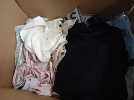 BOX OF ASSORTED CLOTHING ITEMS TOO INCLUDE JUMPERS, SHIRTS AND TROUSERS IN VARIOUS SIZES AND COLOURS   