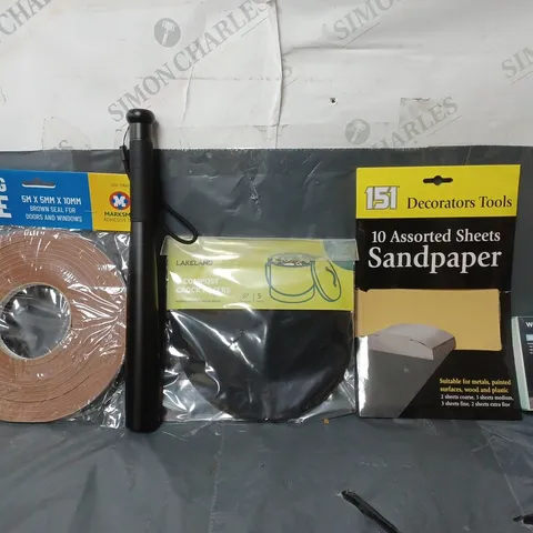 BOX OF APPROXIMATELY 12 ASSORTED ITEMS TO INCLUDE - 10 ASSORTED SHEETS OF SANDPAPER , WORKOUT CARDS , SEALING TAPE ETC