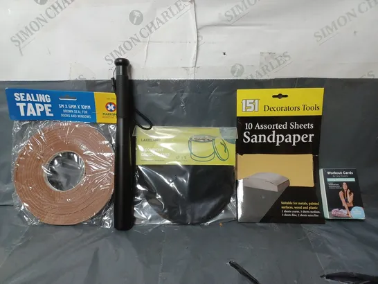 BOX OF APPROXIMATELY 12 ASSORTED ITEMS TO INCLUDE - 10 ASSORTED SHEETS OF SANDPAPER , WORKOUT CARDS , SEALING TAPE ETC