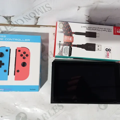 LOT OF 3 GAMING ITEMS TO INCLUDE NINTENDO SWITCH HAC-001(01) GAMES CONSOLE, WIRELESS GAME CONTROLLER, AND NINTENDO SWITCH USB TYPE C CHARGING CABLE