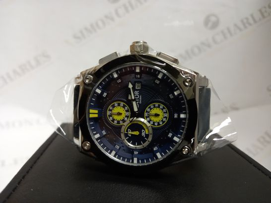 LATOR CALIBRE BLUE & YELLOW CHRONOGRAPH STYLE LEATHER STRAP WATCH RRP £635