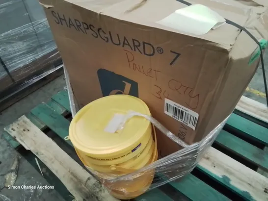 PALLET OF APPROXIMATELY 34 SHARPGUARD YELLOW 7 HAZARDOUS WASTE BINS & LIDS