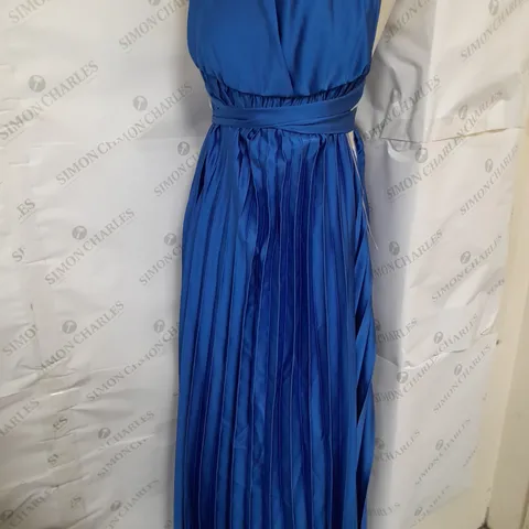 MADE IN ITALY SATIN TIE BACK PLEATED MIDI DRESS IN COBALT SIZE 12