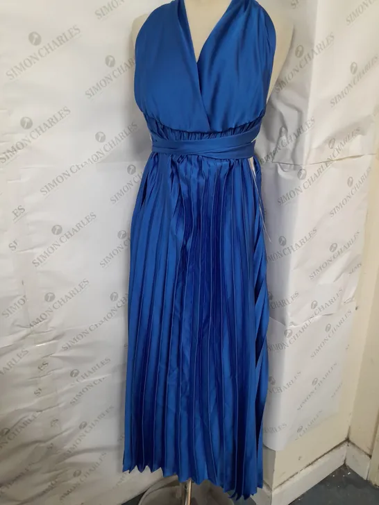 MADE IN ITALY SATIN TIE BACK PLEATED MIDI DRESS IN COBALT SIZE 12
