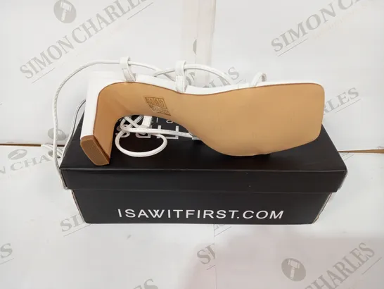 BOXED PAIR OF I WAS IT FIRST WHITE HIGH HEELS SIZE 5