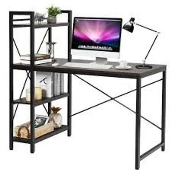 BOXED COSTWAY WOODEN COMPUTER DESK WRITING TABLE WITH 4-TIER REVERSIBLE BOOKSHELF