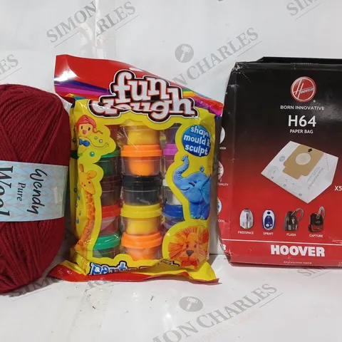 BOX OF APPROXIMATELY 10 ASSORTED HOUSEHOLD ITEMS TO INCLUDE HOOVER H64 PAPER BAG, FUN DOUGH, WENDY PURE WOOL ARAN, ETC