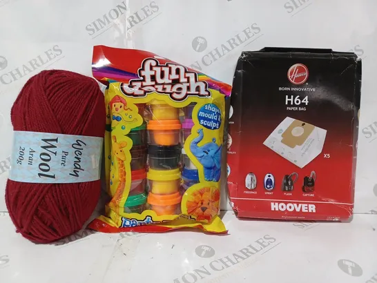 BOX OF APPROXIMATELY 10 ASSORTED HOUSEHOLD ITEMS TO INCLUDE HOOVER H64 PAPER BAG, FUN DOUGH, WENDY PURE WOOL ARAN, ETC