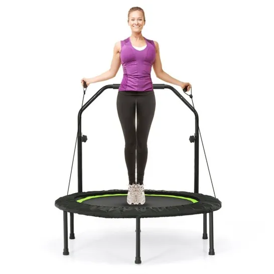 BOXED COSTWAY Ø101 CM MINI TRAMPOLINE WITH HEIGHT-ADJUSTABLE HANDLE & 2 RESISTANCE BANDS