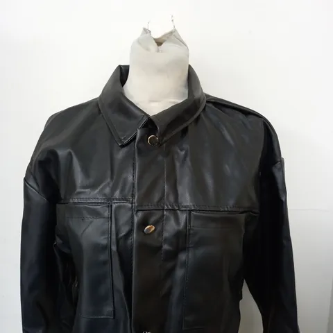 PRETTYLITTLETHING FAUX LEATHER CROPPED JACKET IN BLACK SIZE 8 