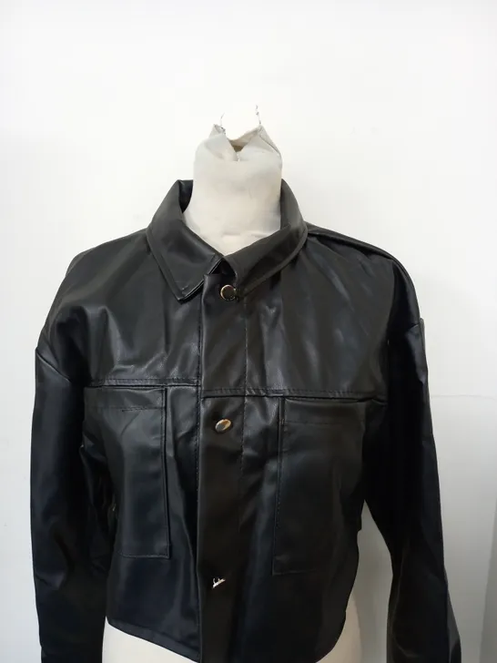 PRETTYLITTLETHING FAUX LEATHER CROPPED JACKET IN BLACK SIZE 8 