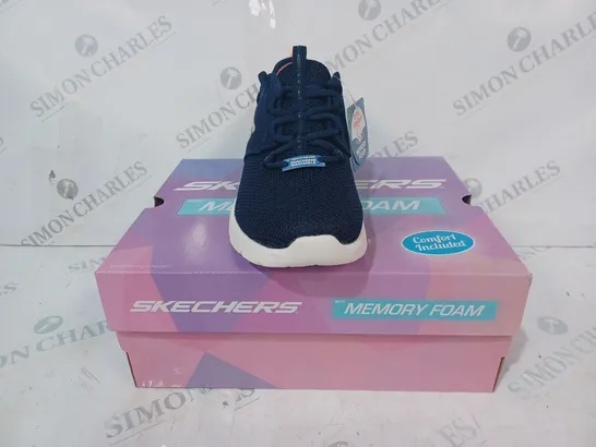 BOXED PAIR OF SKECHERS MEMORY FOAM MESH TRAINERS IN NAVY SIZE 5.5