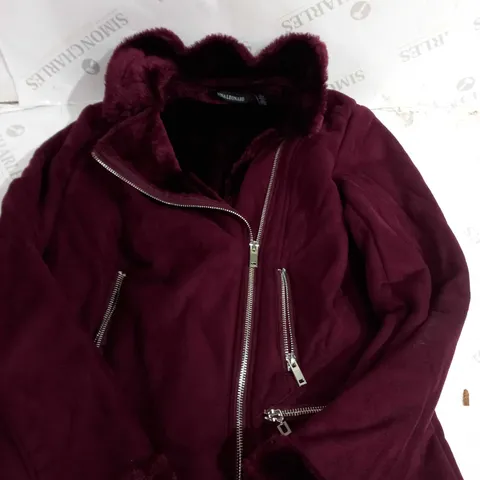 NINA LEONARD ZIP UP FUR HOODED COAT IN MAROON - S