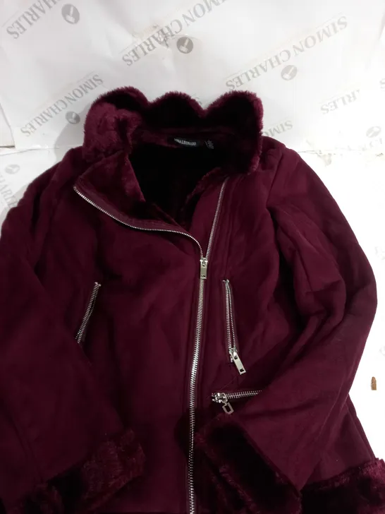 NINA LEONARD ZIP UP FUR HOODED COAT IN MAROON - S