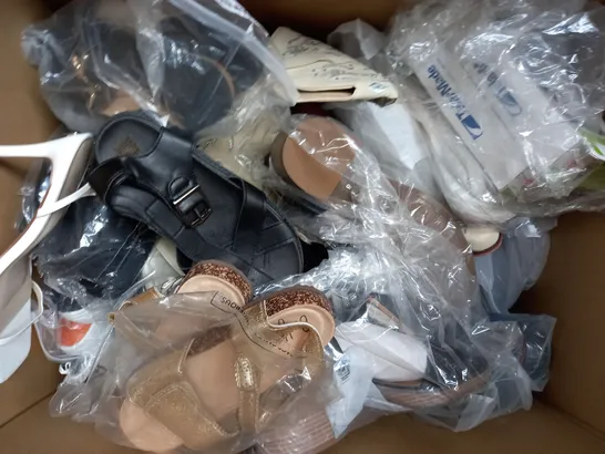 BOX OF APPROXIMATELY 15 ASSORTED PAIRS OF SHOES AND FOOTWEAR ITEMS IN VARIOUS STYLES AND SIZES TO INCLUDE FITFLOP, MOUNTAIN WAREHOUSE, ETC - COLLECTION ONLY